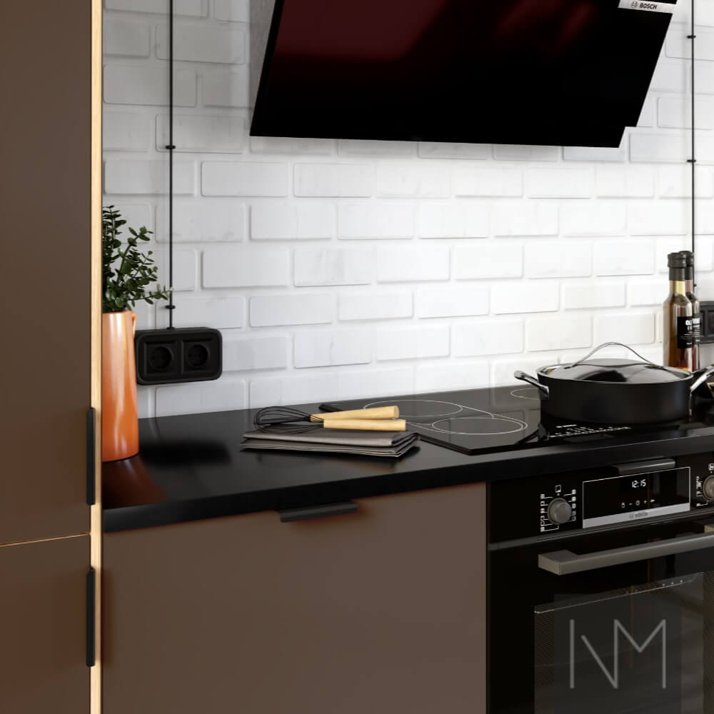Porte per cucina in Linoleum Basic, colore Malva. Maniglia Prince Max nero opaco.