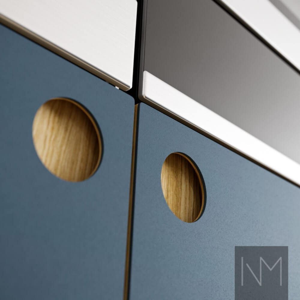 Kitchen doors in Linoleum Circle design. Colour 4179 Smokey Blue.