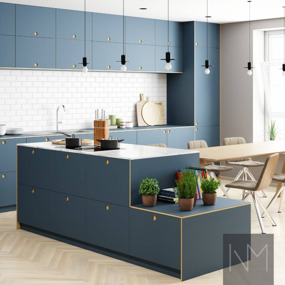 Doors for kitchen in Linoleum Circle design. Colour 4179 Smokey Blue.