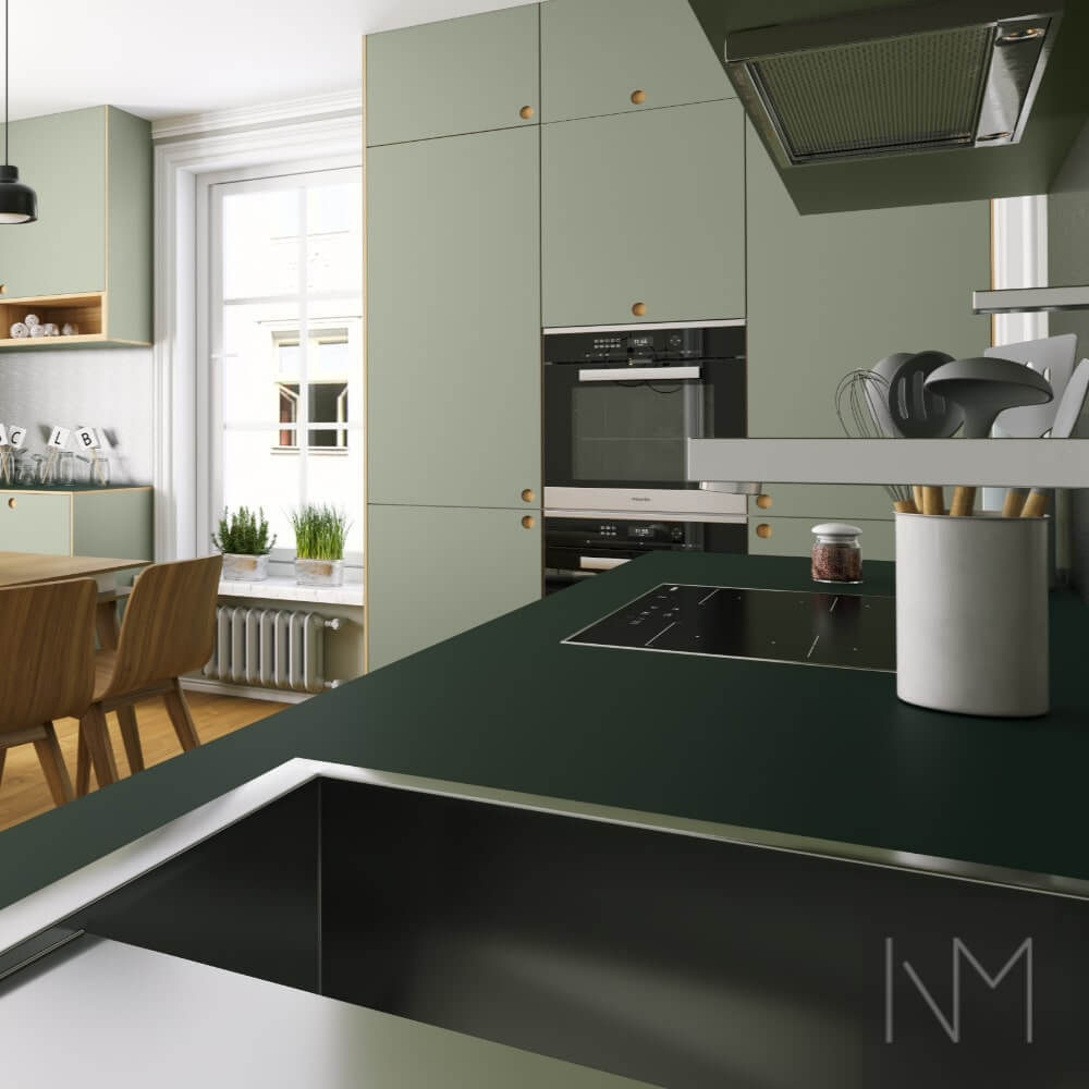 Kitchen fronts in Linoleum Circle design. Colour 4184 Olive.