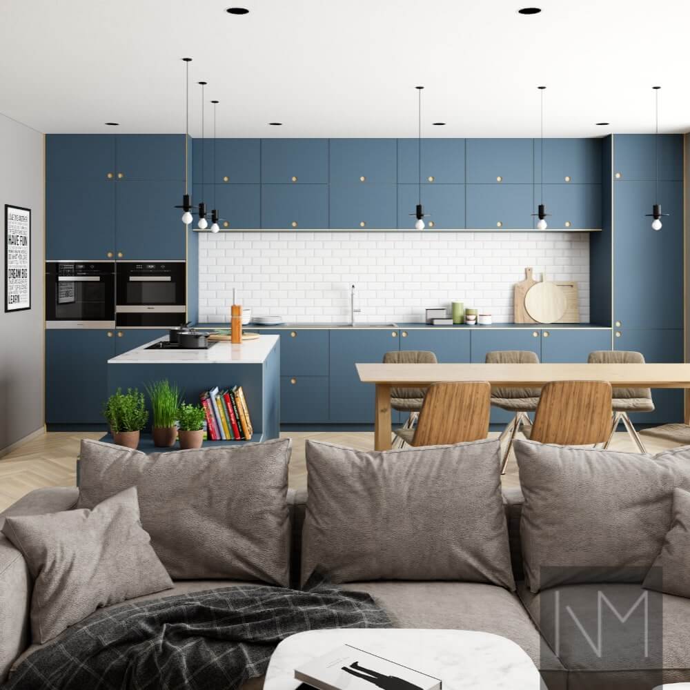 Kitchen fronts in Linoleum Circle design. Colour 4179 Smokey Blue.