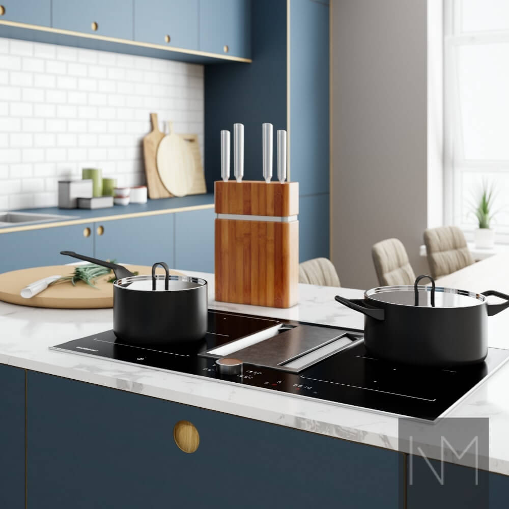 Kitchen fronts in Linoleum Circle design. Colour 4179 Smokey Blue.)