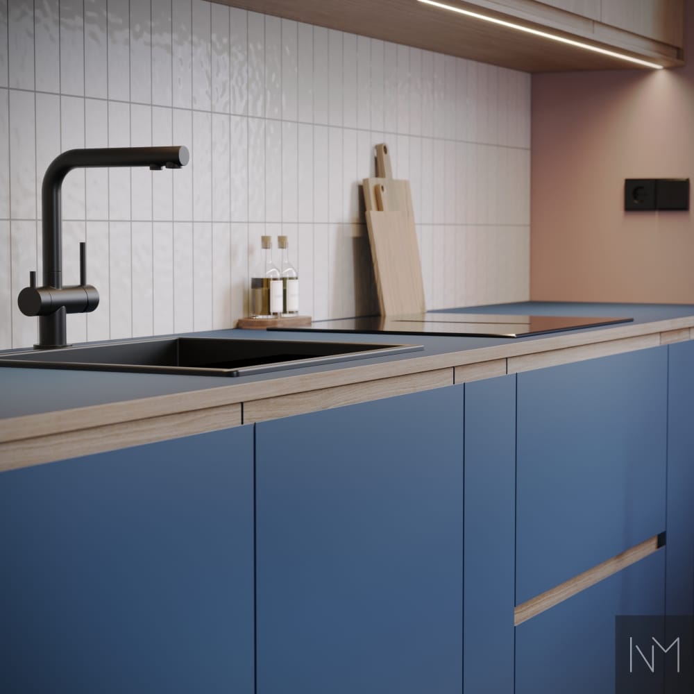 Fronter for kjøkken i Linoleum Instyle. Farge Midnight Blue 4181 og Oak Instyle.