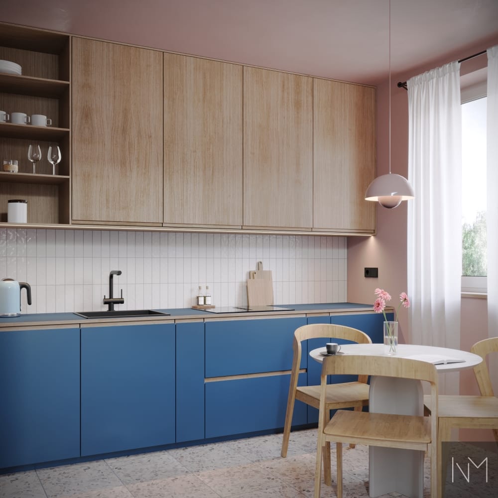 Kjøkkenfronter i Linoleum Instyle. Midnight Blue 4181. Oak Instyle i klar lakk.