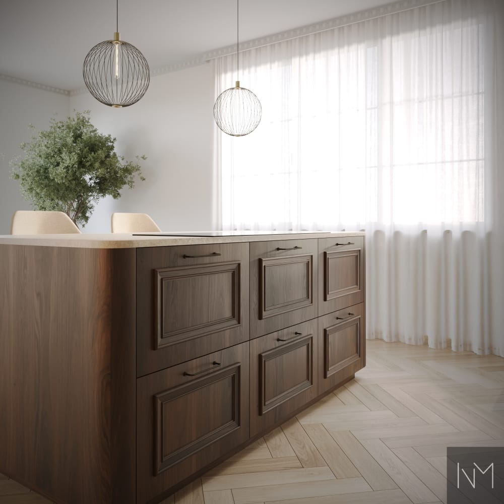 Het eiland is uitgevoerd in Nordic Deco Frame-stijl, afgewerkt met gebeitst eikenfineer. Ladegrepen: Relic in antiek bruin. Alles is bij ons verkrijgbaar.