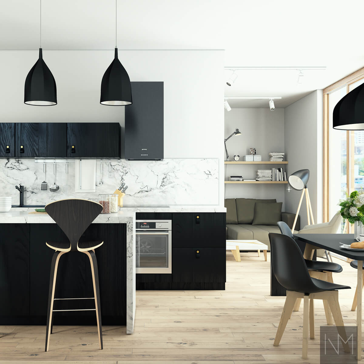 Kitchen doors in Nordic design. Black ash - stained. Handle Loop in black leather with brass button