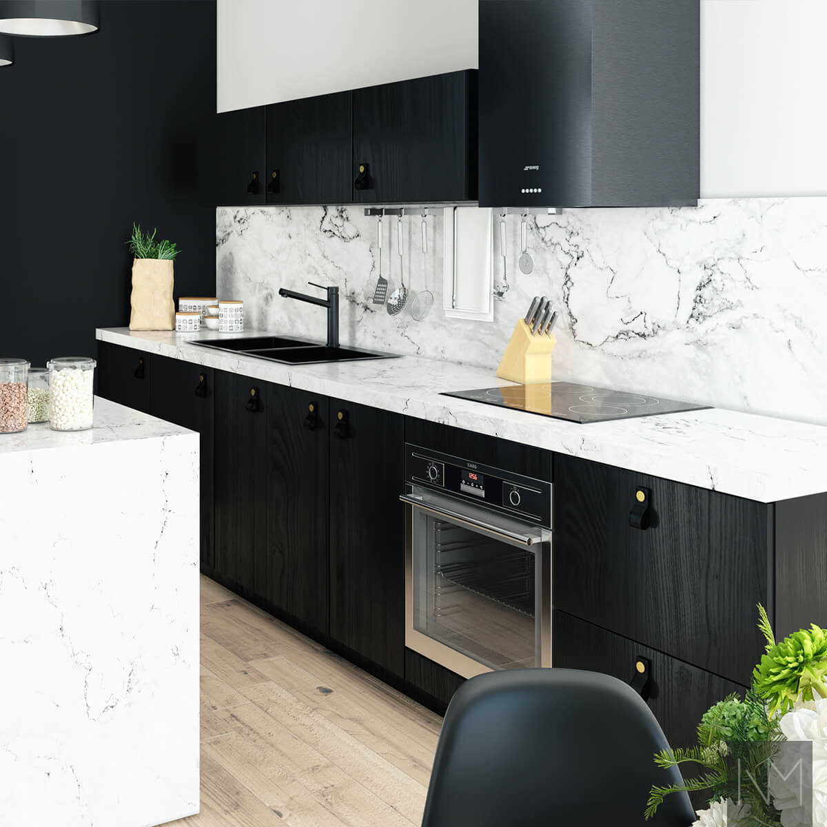 Keukendeuren in Nordic design. Zwarte as - gekleurd. Handgreep Loop in zwart leer met koperen knop