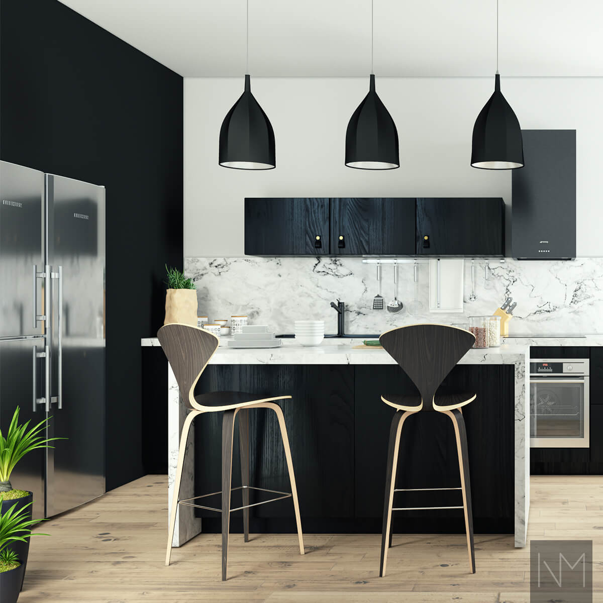 Keukendeuren in Nordic design. Zwarte ash - gekleurd. Handgreep Loop zwart leer met koperen knop