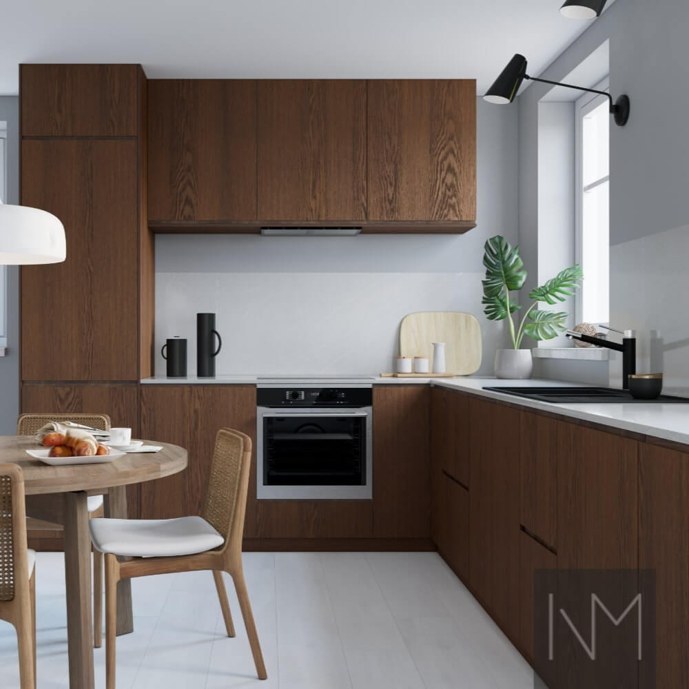 Kitchen doors in Nordic+ Instyle design. Stain colour B-1097 Walnut.