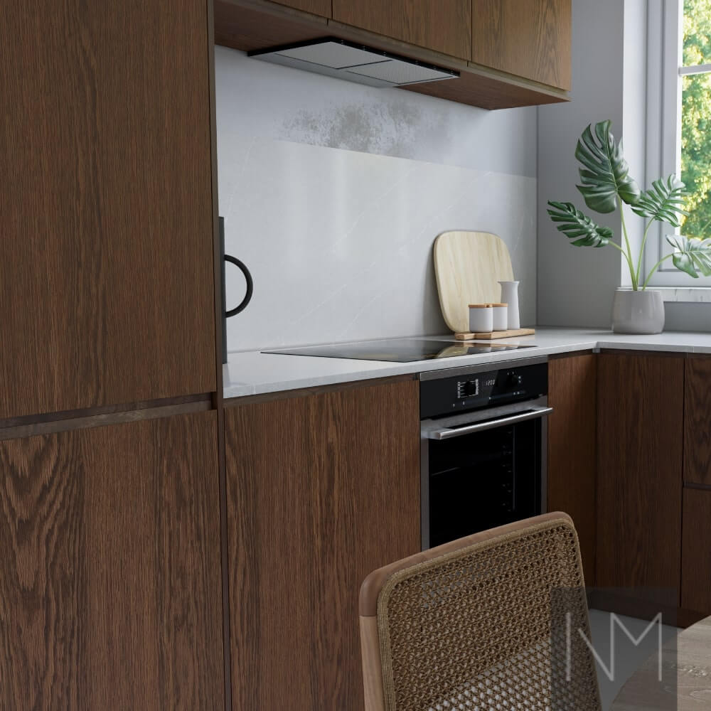 Fronts for kitchen in Nordic+ Instyle design. Stain colour B-1097 Walnut.