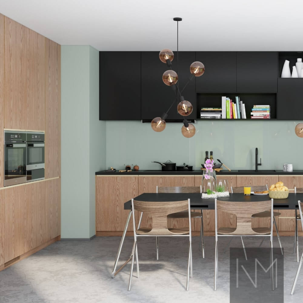 Porte cucina in design Nordic+ Instyle, rovere con vernice trasparente. Ante dell'armadio superiore in Basic, colore NCS S9000-N.