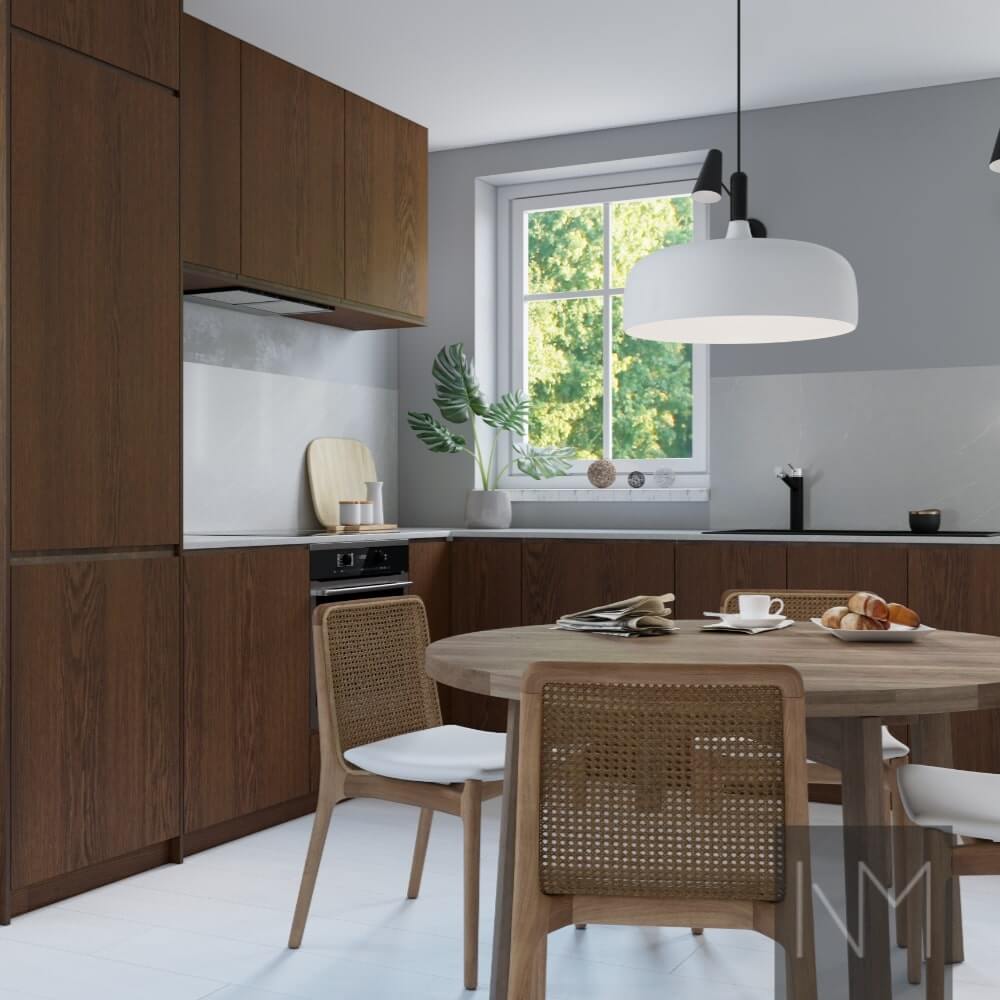 Kitchen fronts in Nordic+ Instyle design. Stain colour B-1097 Walnut.