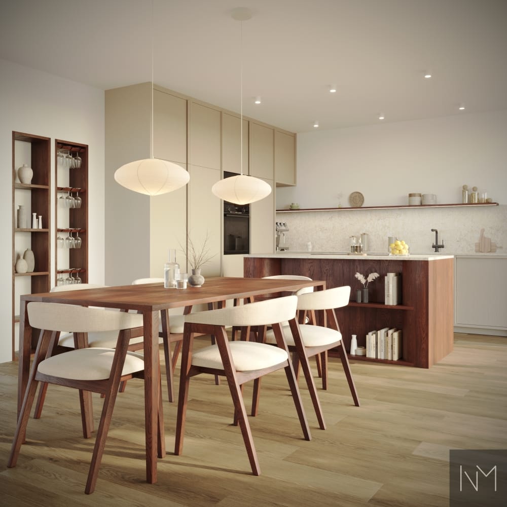 De fronten zijn NORDIC, met een zichtbare houtstructuur (essen) en zijn uitgevoerd in de kleur Space van Jotun. Ze zijn voorzien van Edge-grepen en een decoratieve tussenstijl. Het eiland is uitgevoerd in Nordic (eiken), gebeitst in de kleur American Walnut. Alles is bij ons verkrijgbaar.