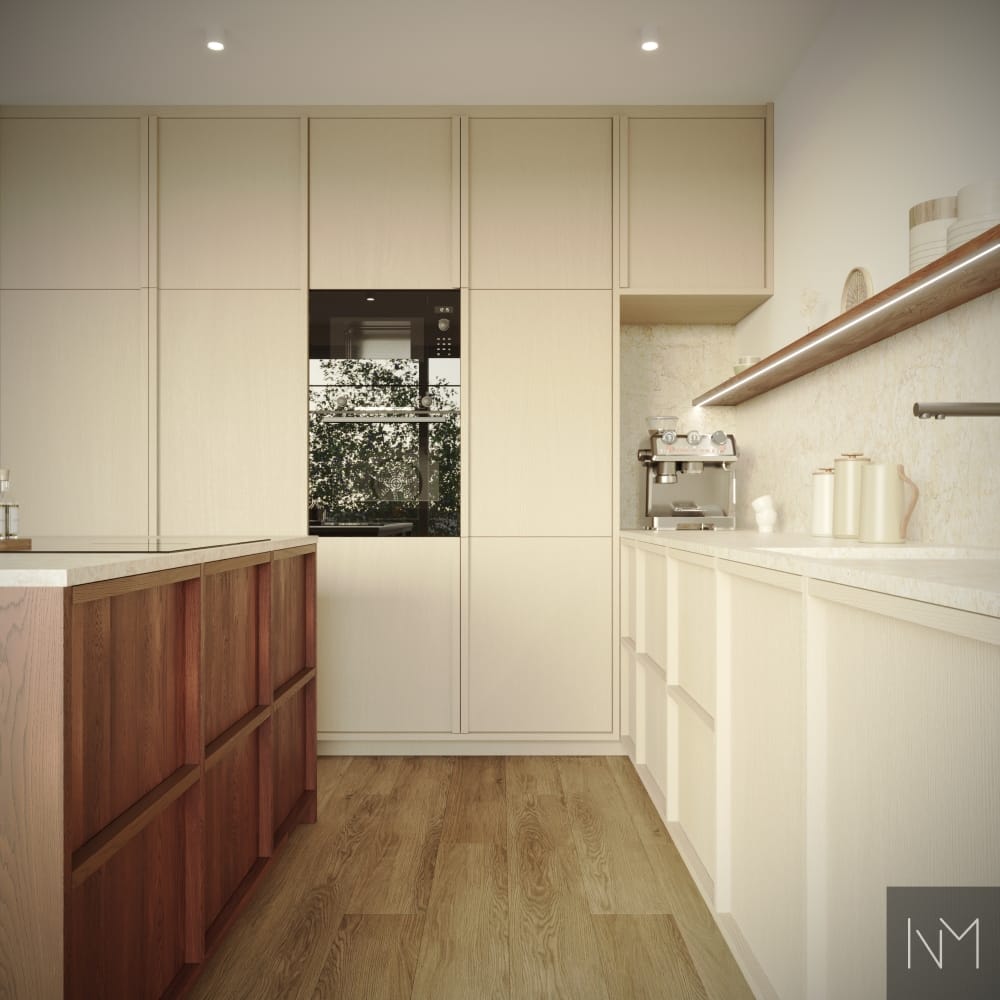 De fronten zijn NORDIC, met een zichtbare houtstructuur (essen) en zijn uitgevoerd in de kleur Space van Jotun. Ze zijn voorzien van Edge-grepen en een decoratieve tussenstijl. Het eiland is uitgevoerd in Nordic (eiken), gebeitst in de kleur American Walnut. Alles is bij ons verkrijgbaar.