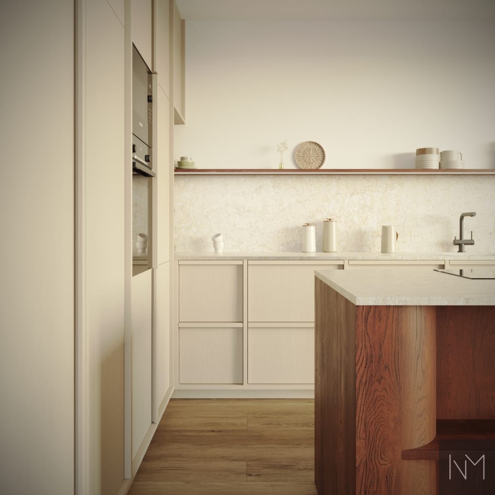 De fronten zijn NORDIC, met een zichtbare houtstructuur (essen) en zijn uitgevoerd in de kleur Space van Jotun. Ze zijn voorzien van Edge-grepen en een decoratieve tussenstijl. Het eiland is uitgevoerd in Nordic (eiken), gebeitst in de kleur American Walnut. Alles is bij ons verkrijgbaar.