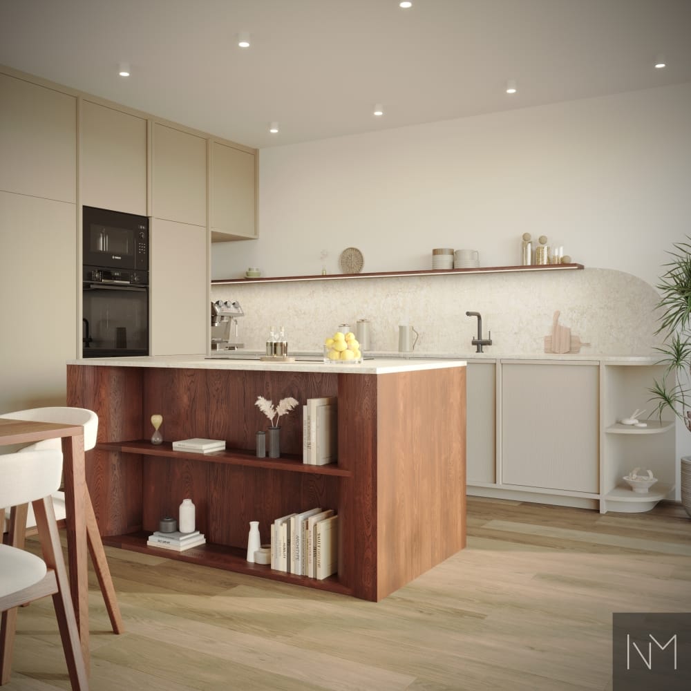 De fronten zijn NORDIC, met een zichtbare houtstructuur (essen) en zijn uitgevoerd in de kleur Space van Jotun. Ze zijn voorzien van Edge-grepen en een decoratieve tussenstijl. Het eiland is uitgevoerd in Nordic (eiken), gebeitst in de kleur American Walnut. Alles is bij ons verkrijgbaar.