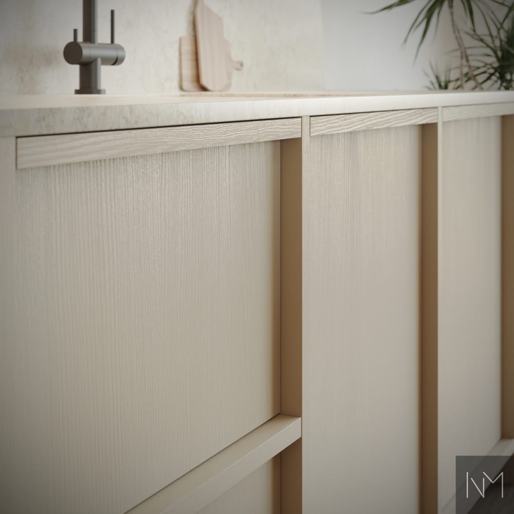 De fronten zijn NORDIC, met een zichtbare houtstructuur (essen) en uitgevoerd in de kleur Space van de Jotun. Ze zijn voorzien van Edge-grepen en een decoratieve tussenstijl. Alles is bij ons verkrijgbaar.