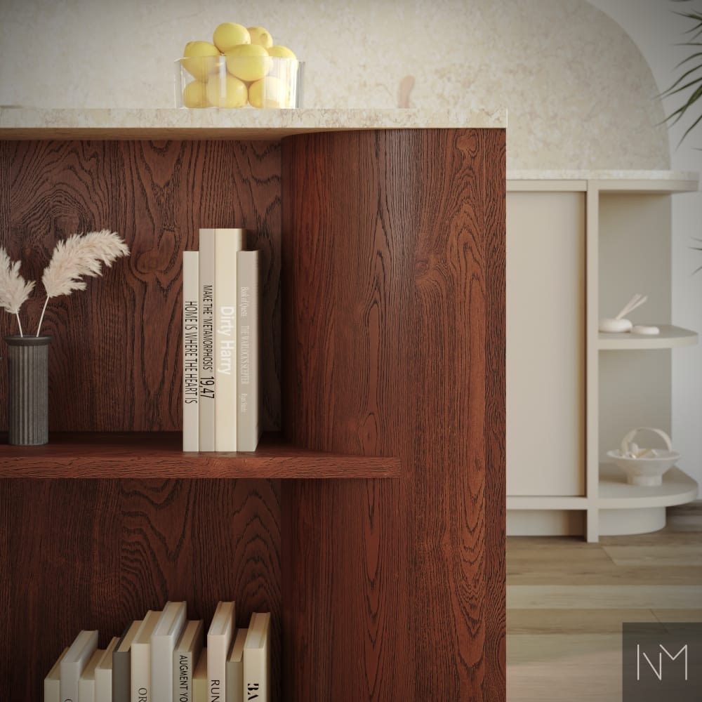 Het eiland is uitgevoerd in Nordic (eiken), gebeitst in de kleur American Walnut.