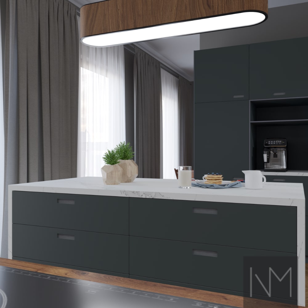 Kitchen doors in Pure Linoleum Exit design. Color HDF light grey, linoleum 4155 Pewter.