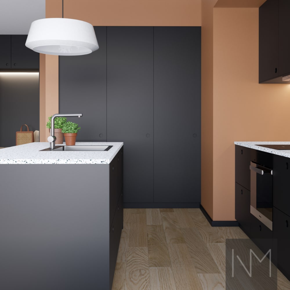 Kitchen fronts in Soft Matte Circle design. Color black.