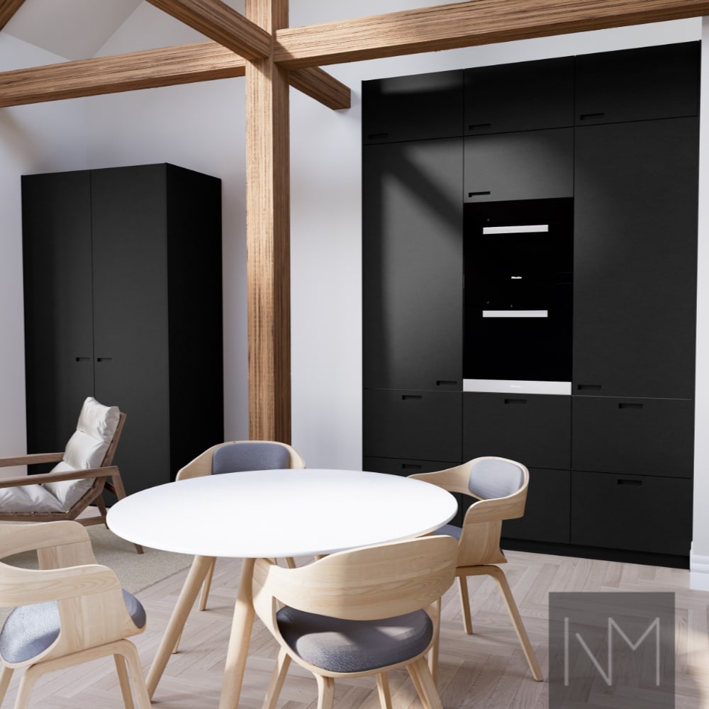 Fronter til kjøkken og garderobe i Pure Exit design. HDF-farge svart.