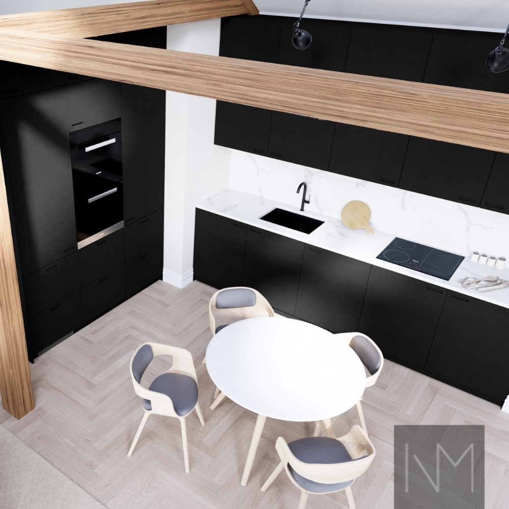 Doors for kitchen and wardrobe in Pure Exit design. HDF color black.