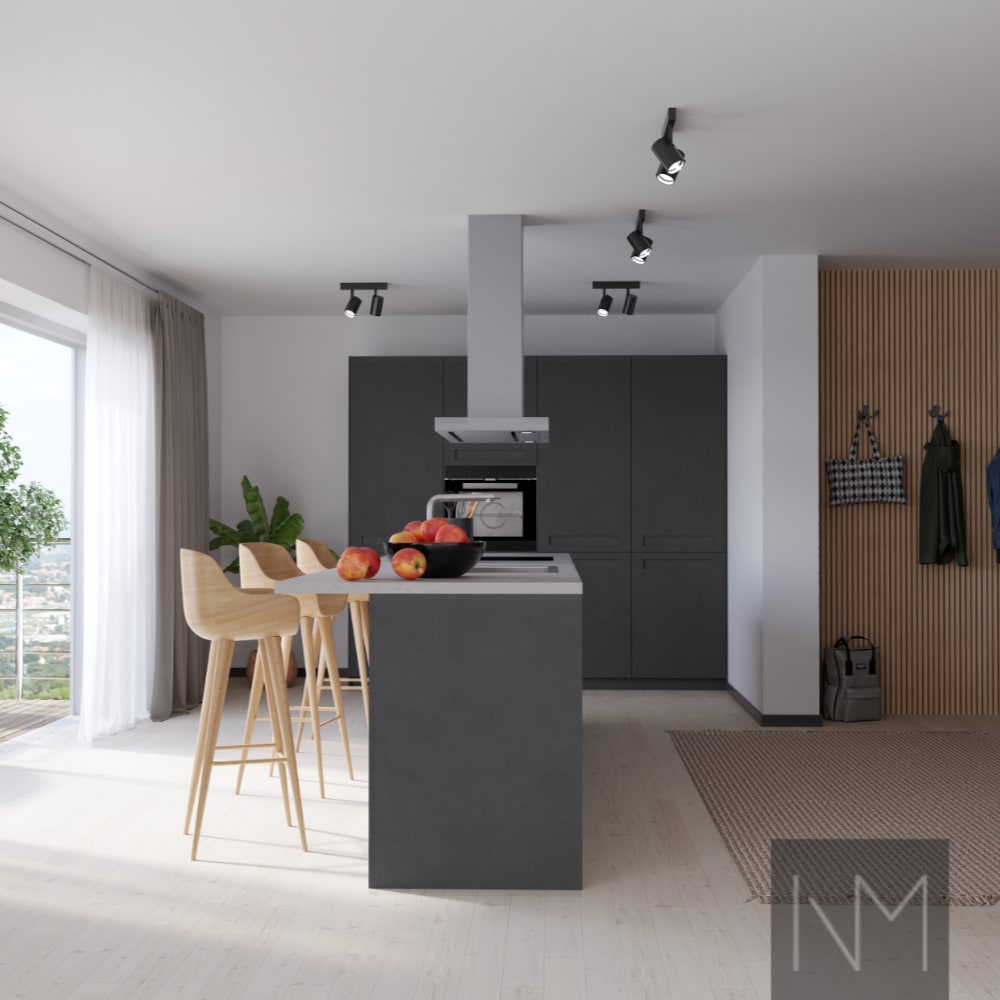 Kitchen and wardrobe fronts in Pure Ontime design. HDF color grey.