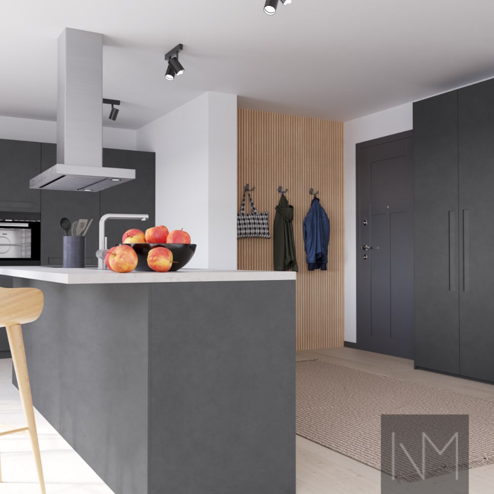Døre til køkken og garderobe i Pure Ontime design. HDF-farve grå.