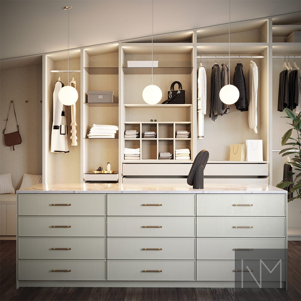 Drawer fronts in Jotun 12077 Sheer Grey. Frames in Grey Linen.