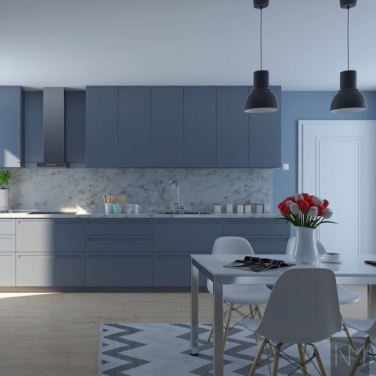 IKEA Metod or Faktum kitchen Basic. Colour NCS S6010-R90B or Jotun Elegant Blue 4638.