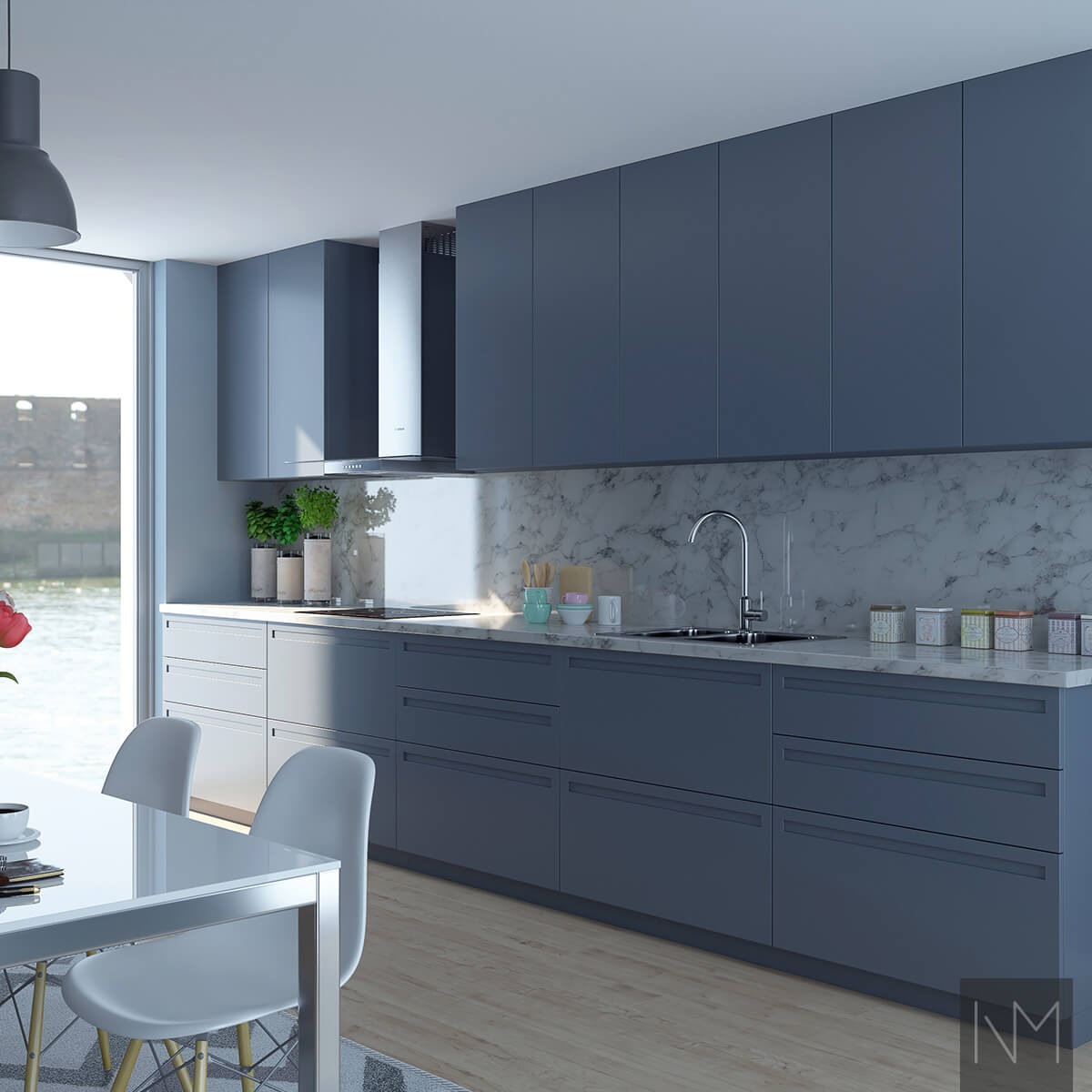 IKEA Metod or Faktum kitchen Basic. Colour NCS S6010-R90B or Jotun Elegant Blue 4638