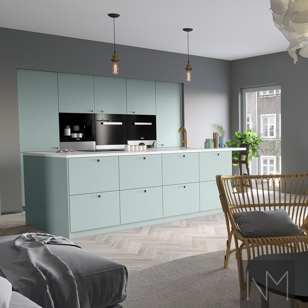 Ikea fronts for Metod kitchen in Exit design. Colour Jotun 6379 Cityscape.