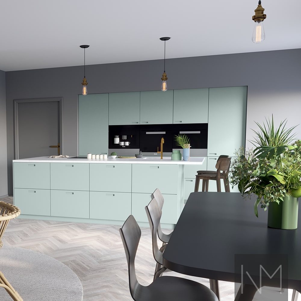 Ikea Metod kitchen fronts in Exit design. Colour Jotun 6379 Cityscape.