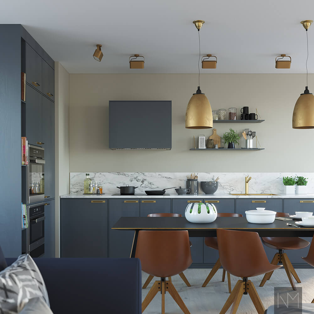 Doors for Metod kitchen in Nordic Ash design. Colour NCS S7010-R90B or Elegant Blue 4638. Boa Delux, brass and black leather