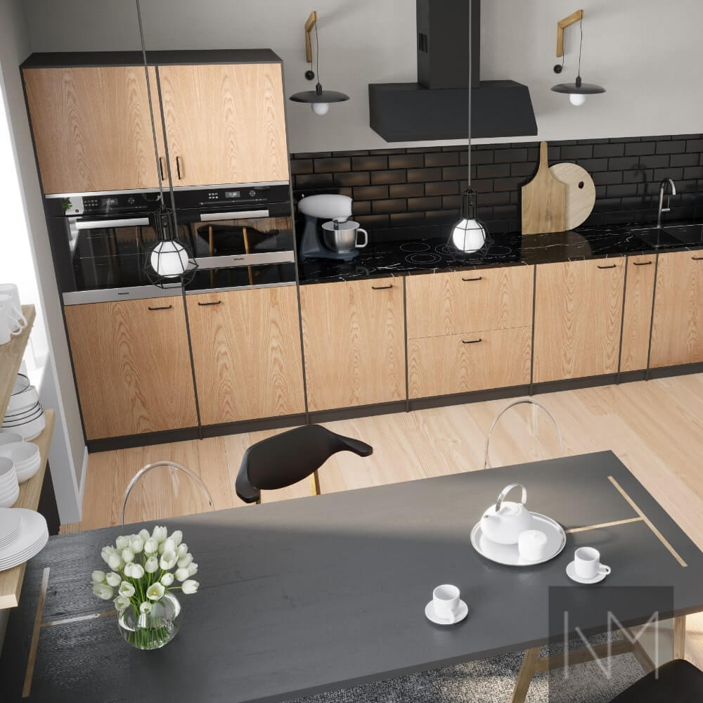 Metod kitchen fronts in Nordic OAK design. Clear coat with black side panels for Inframe look. Handle Batman black