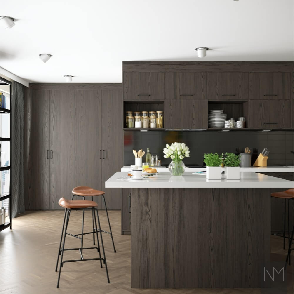 Metod kitchen doors in Nordic Ash design. Charcoal stained. Handle Castle black. Inframe style