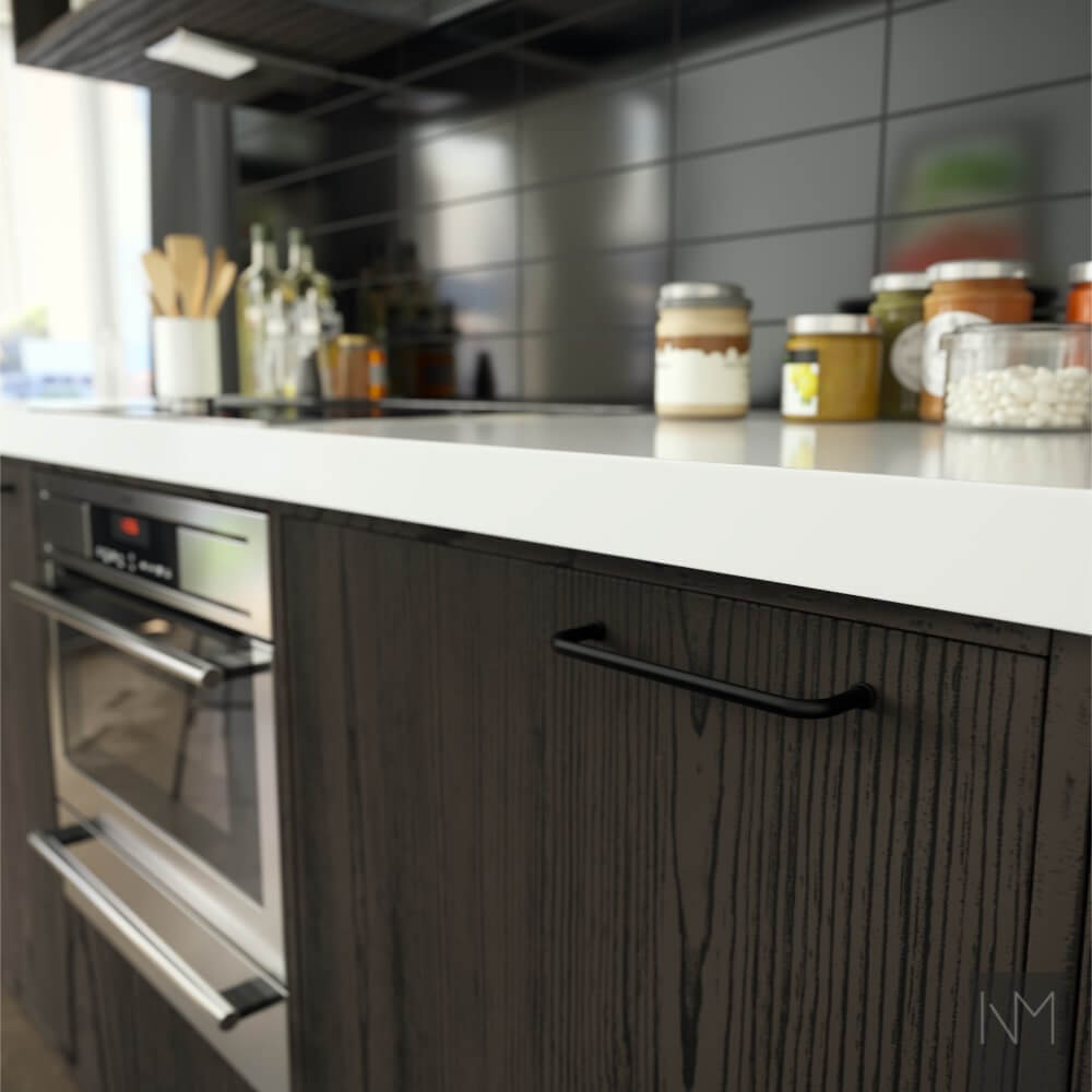 Metod kitchen doors in Nordic Ash design. Charcole stained. Handle Castle black. Inframe style