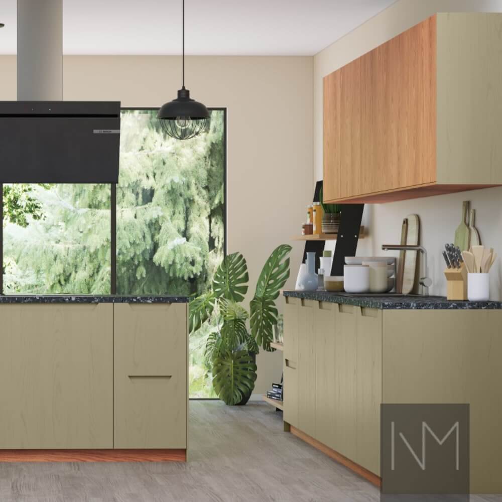 Doors for Metod kitchen in Nordic+ Elegance design. OAK and colour Jotun 8252 Green Harmony Ash