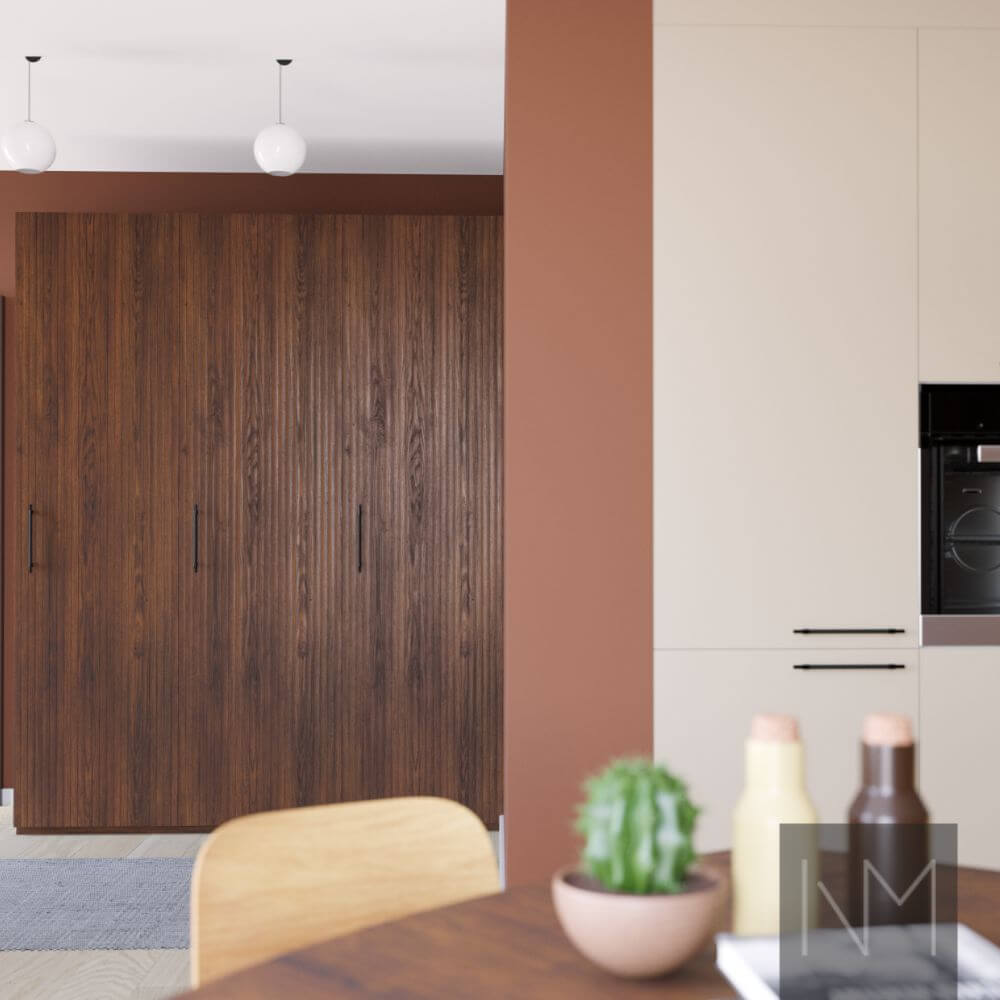 Kitchen doors in Nordic Skyline and Basic design. Stained ash in B-1097 Walnut for Nordic Skyline, and Basic in Jotun 11174 Curious Mind. Handles Joker.