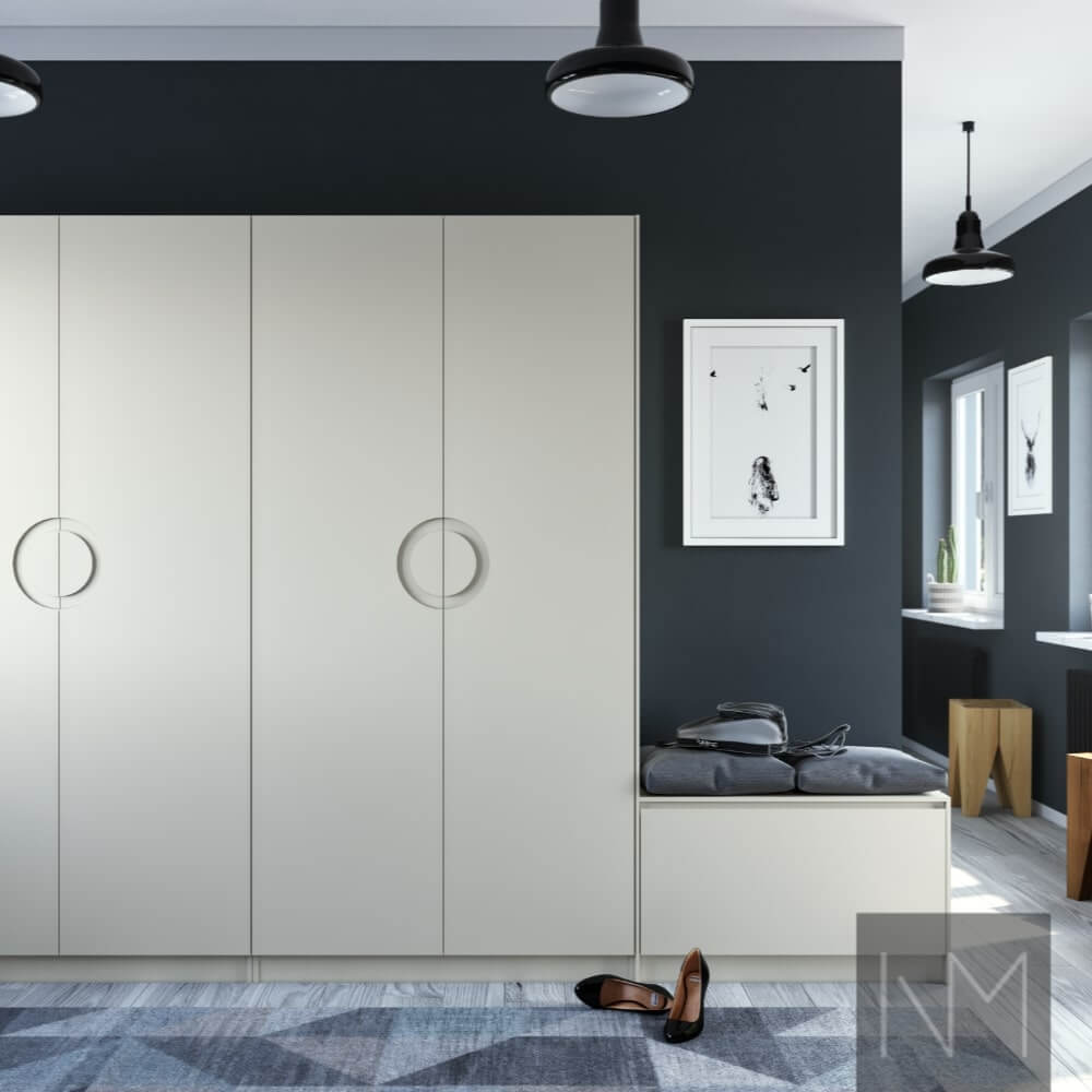 Doors for PAX wardrobe in Moon design. Colour Jotun 8470 Smooth White.