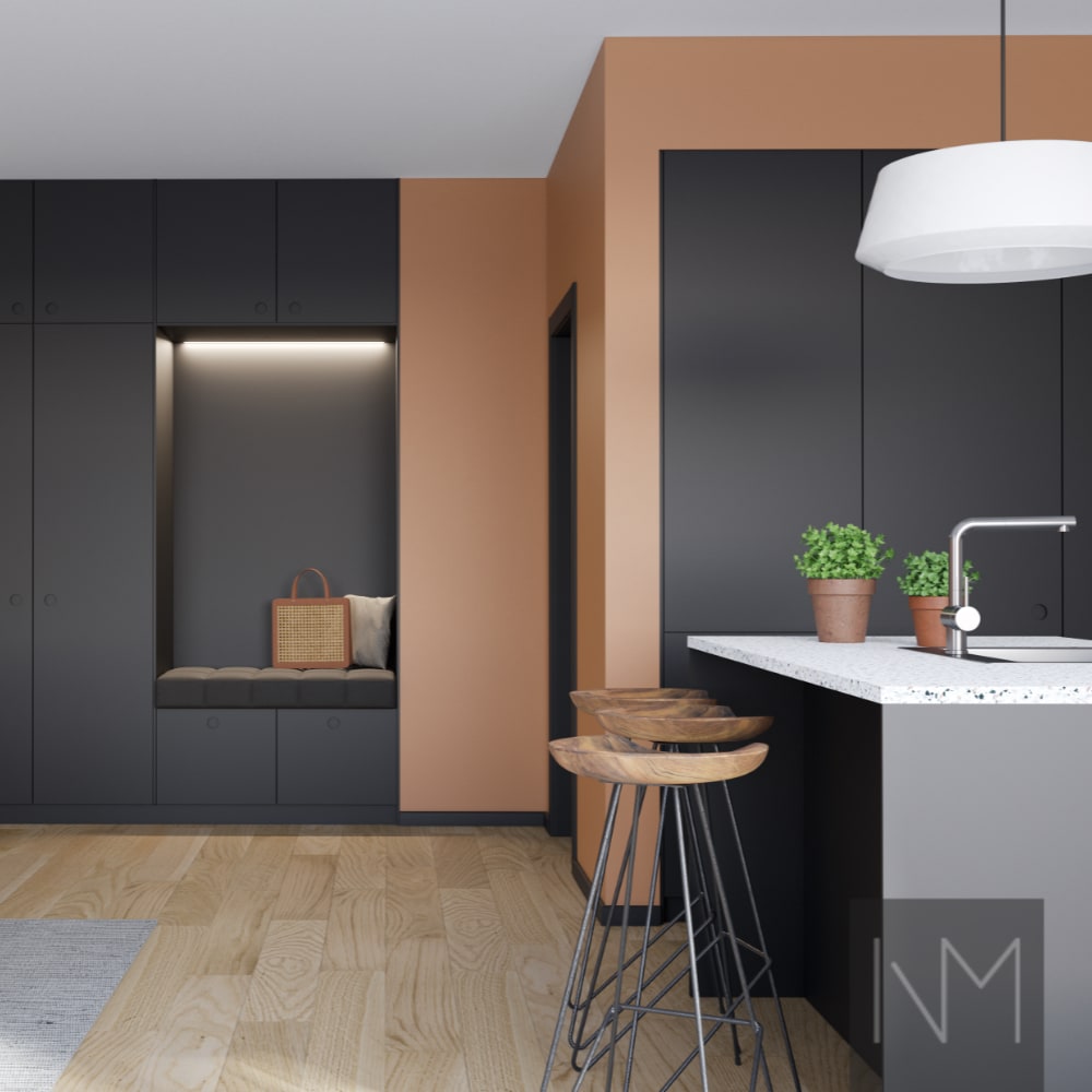 Fronte til garderobe og køkken i Soft Matte Circle design. Farve sort.