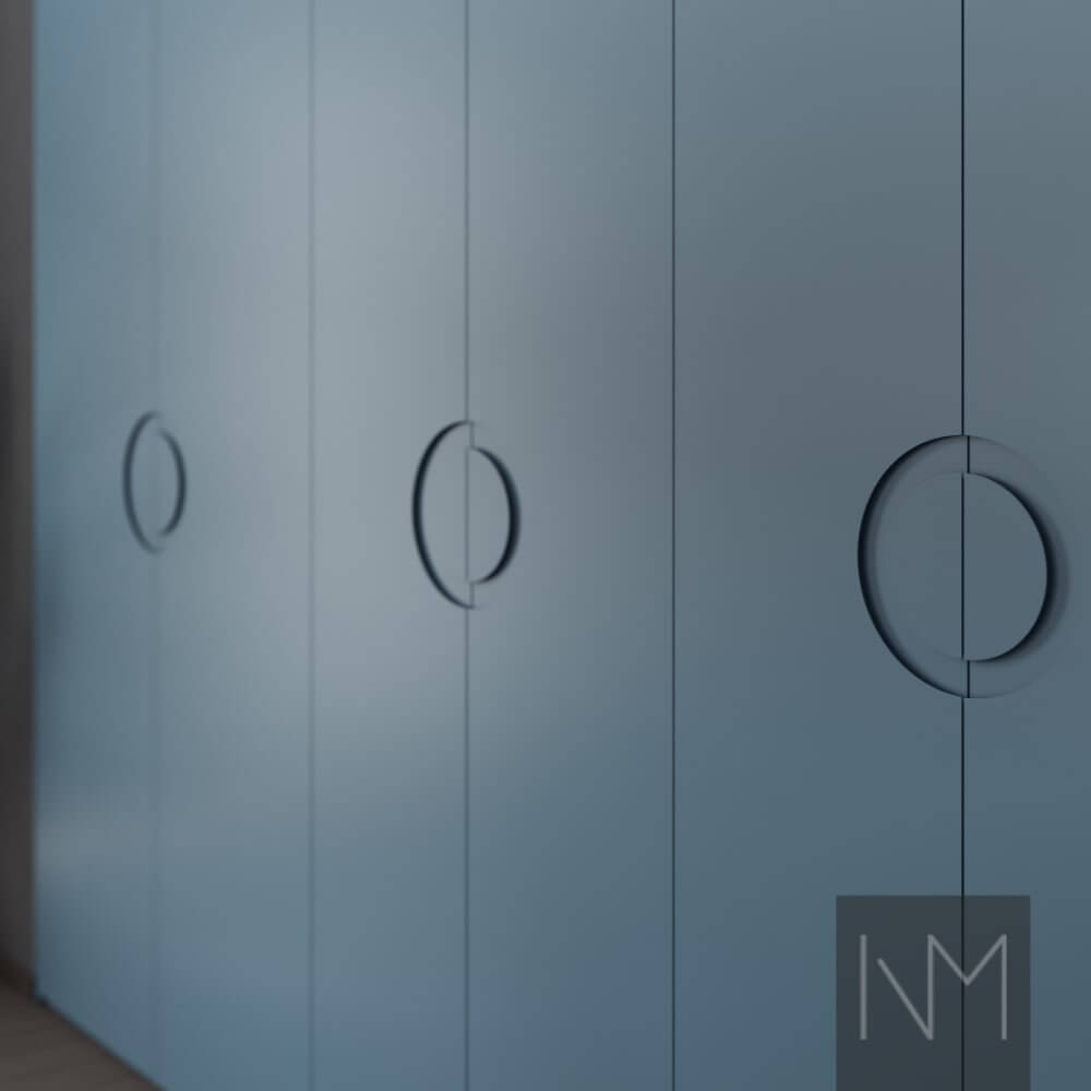 Doors for wardrobe in Moon design. Colour F&B Stiffkey Blue