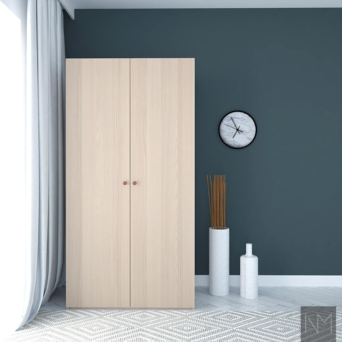 Wardrobe doors in Nordic design. White stained. Handle - Ball in polished copper