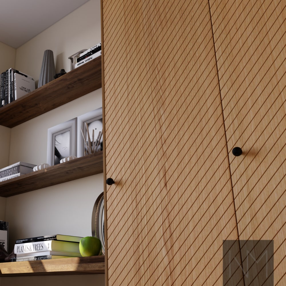 Doors for wardrobes in Nordic Wonder design. Clear coated oak with Ball knobs.