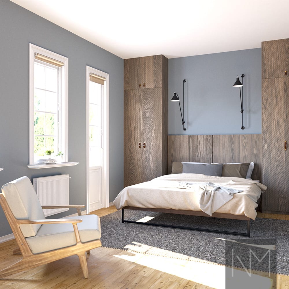 Wardrobe doors in Nordic Wonder design. B-1267 Warm Grey stain, and Marathon handles.