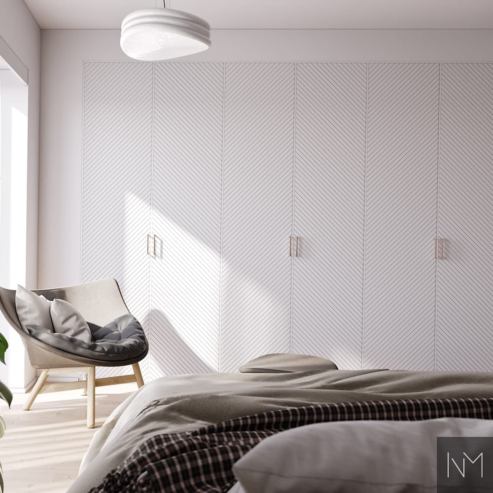 Garderobefronter i Wonder design. Farge Jotun 3037 Cool Ash, håndtak i Bridge Polert Kobber.