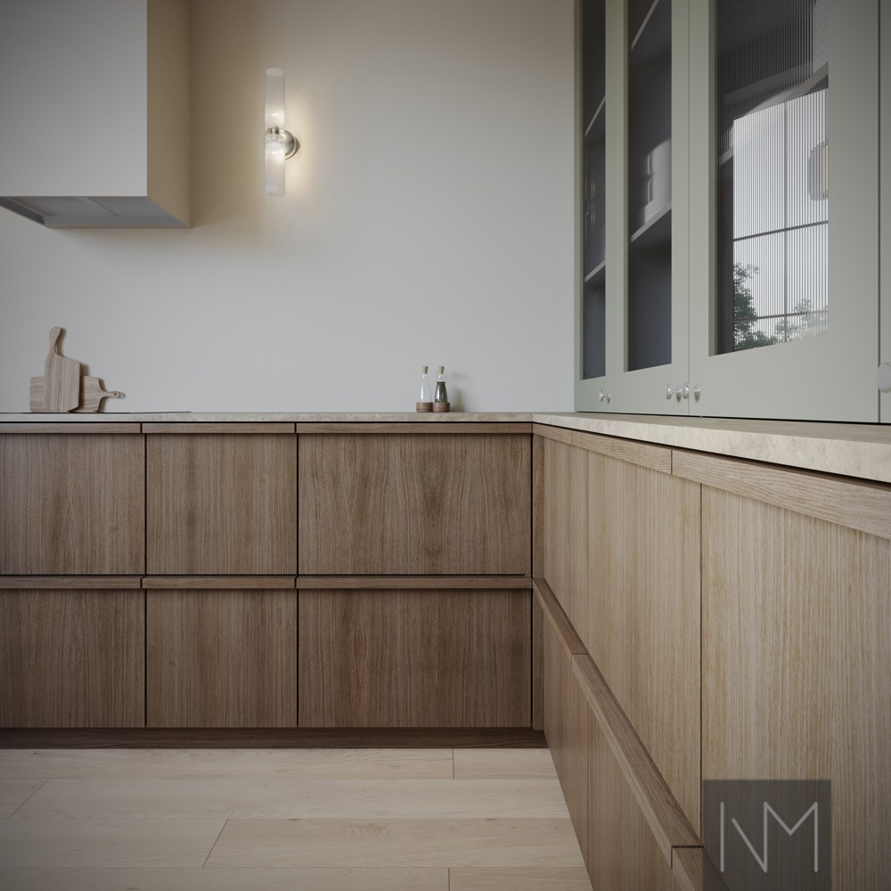 Kjøkkenfronter Nordic oak and handle Edge in stain B-9043-2 Sandy Brown. Classic Style Glass ribbed fronts in F&B French Gray no.18 with handle Levi in chrome