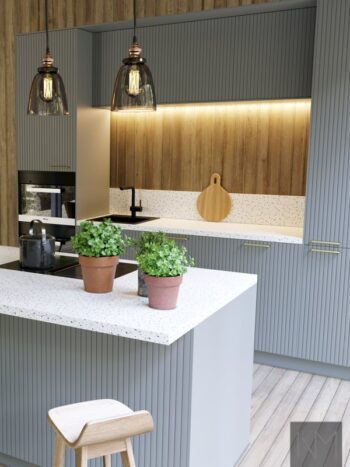 Kitchen fronts in Pure Skyline design. Color light grey, handles in Charm X brushed brass