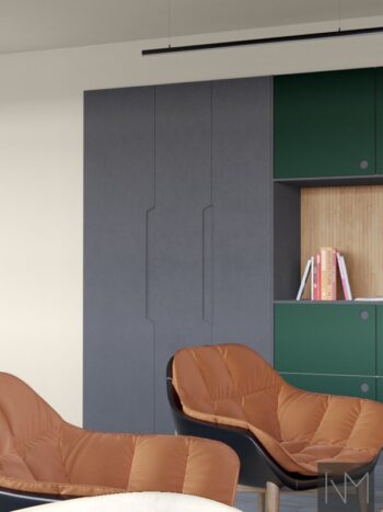 Doors for kitchen and wardrobes, in Pure Elegance and Pure Linoleum Circle design. HDF color grey, linoleum color 4174 Conifer