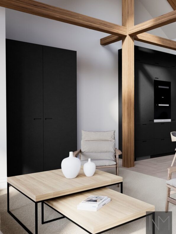 Kitchen and wardrobe doors in Pure Exit design. HDF color black.